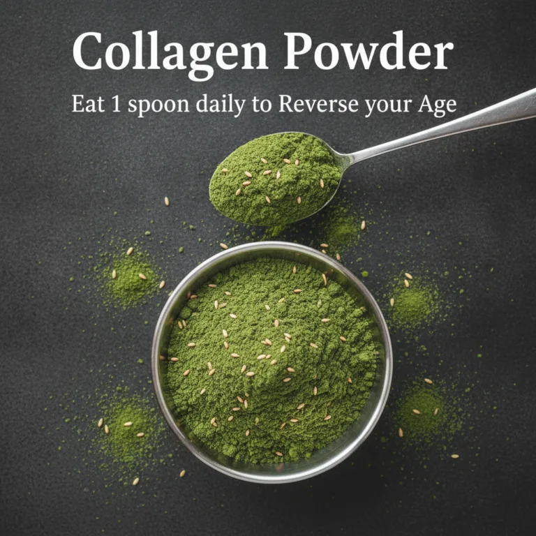 A top-down flat-lay image of vibrant green collagen-boosting powder in a small metallic bowl and on a silver spoon garni