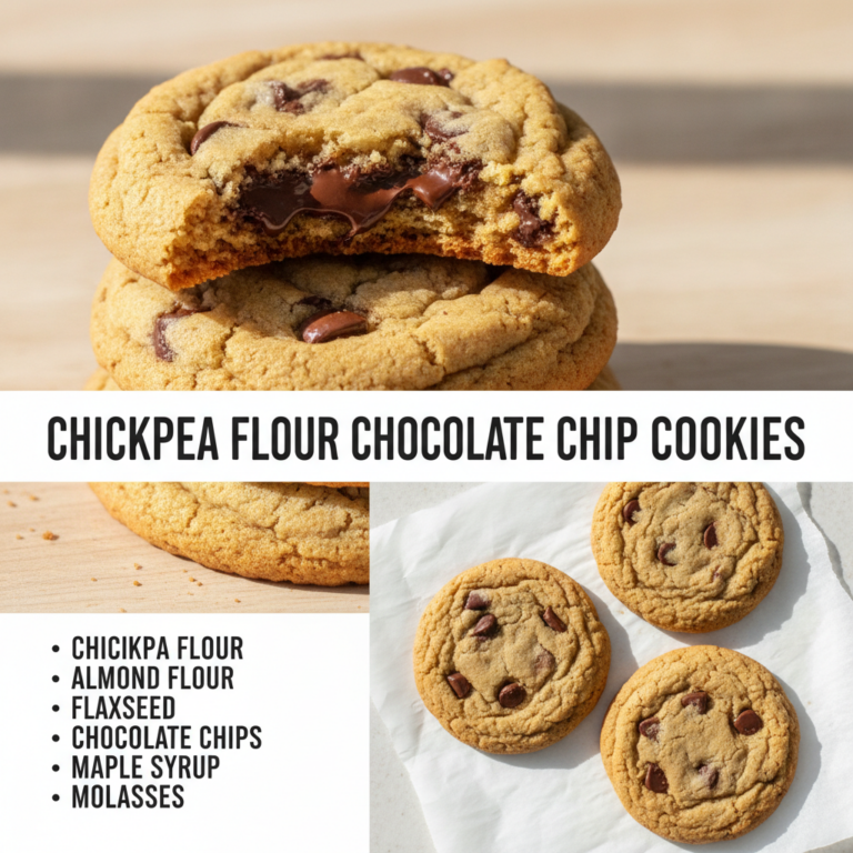 Close-up of two stacked chickpea flour chocolate chip cookies one bitten to reveal gooey melted chocolate chips