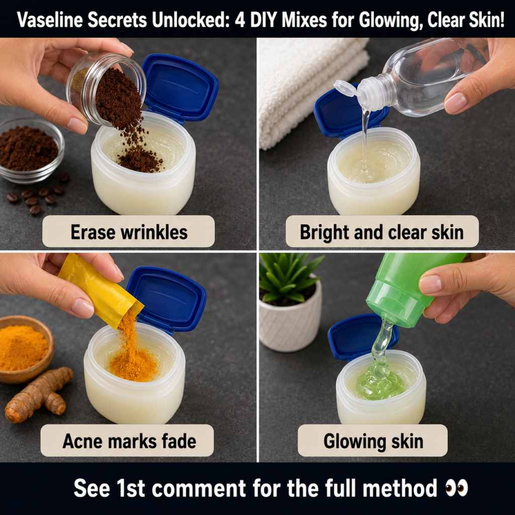 A four-panel collage showing different hands adding ingredients like ground coffee a clear liquid turmeric powder and gr