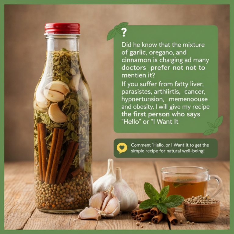 A clear glass bottle filled with layers of garlic cloves dried green oregano and cinnamon sticks on a rustic wooden surf