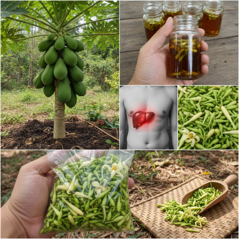 A dynamic collage showing a papaya tree a hand holding a small bottle of papaya flower elixir a glowing red liver superi