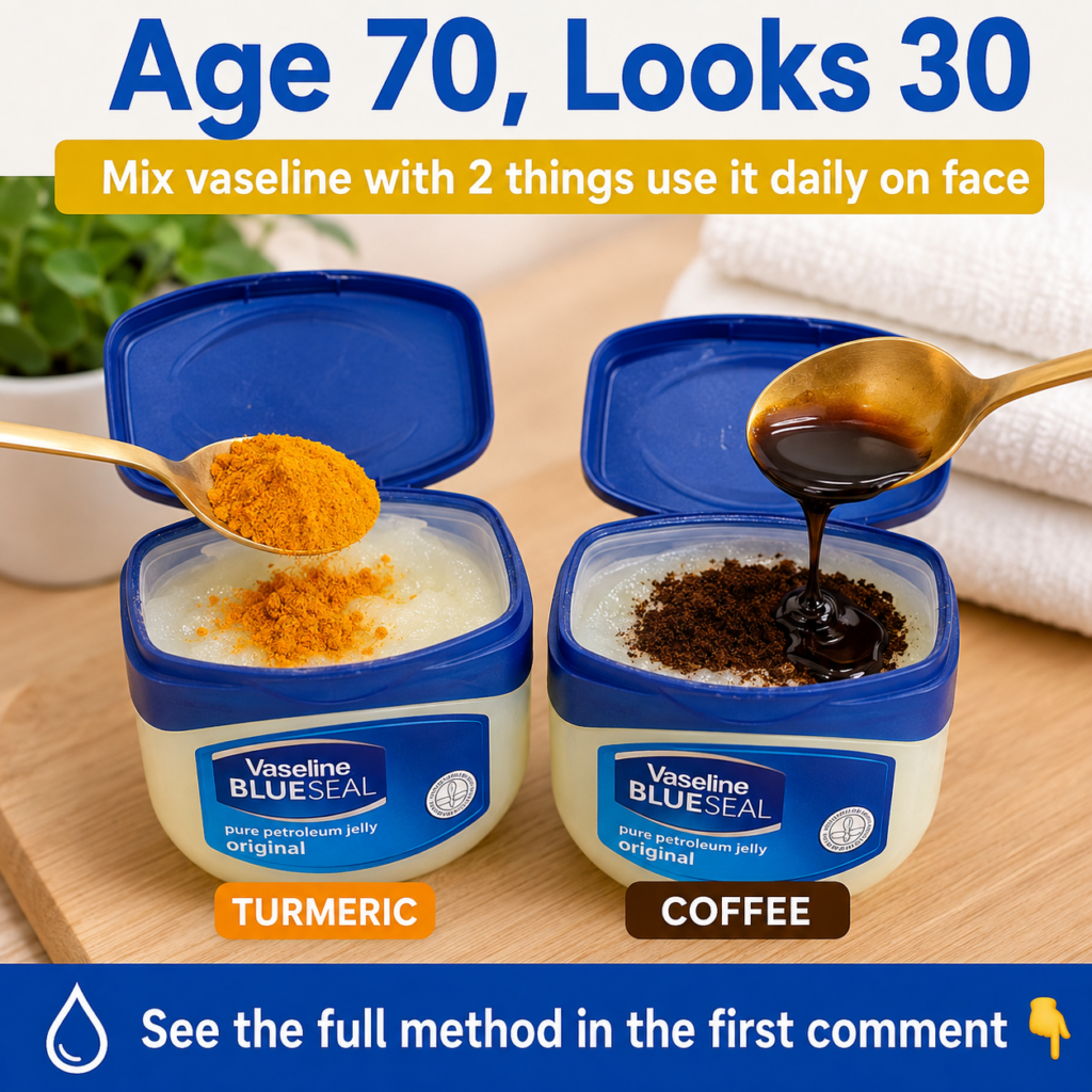Two open tubs of Vaseline BlueSeal petroleum jelly on a light wooden surface In the left tub a golden spoon is adding vi