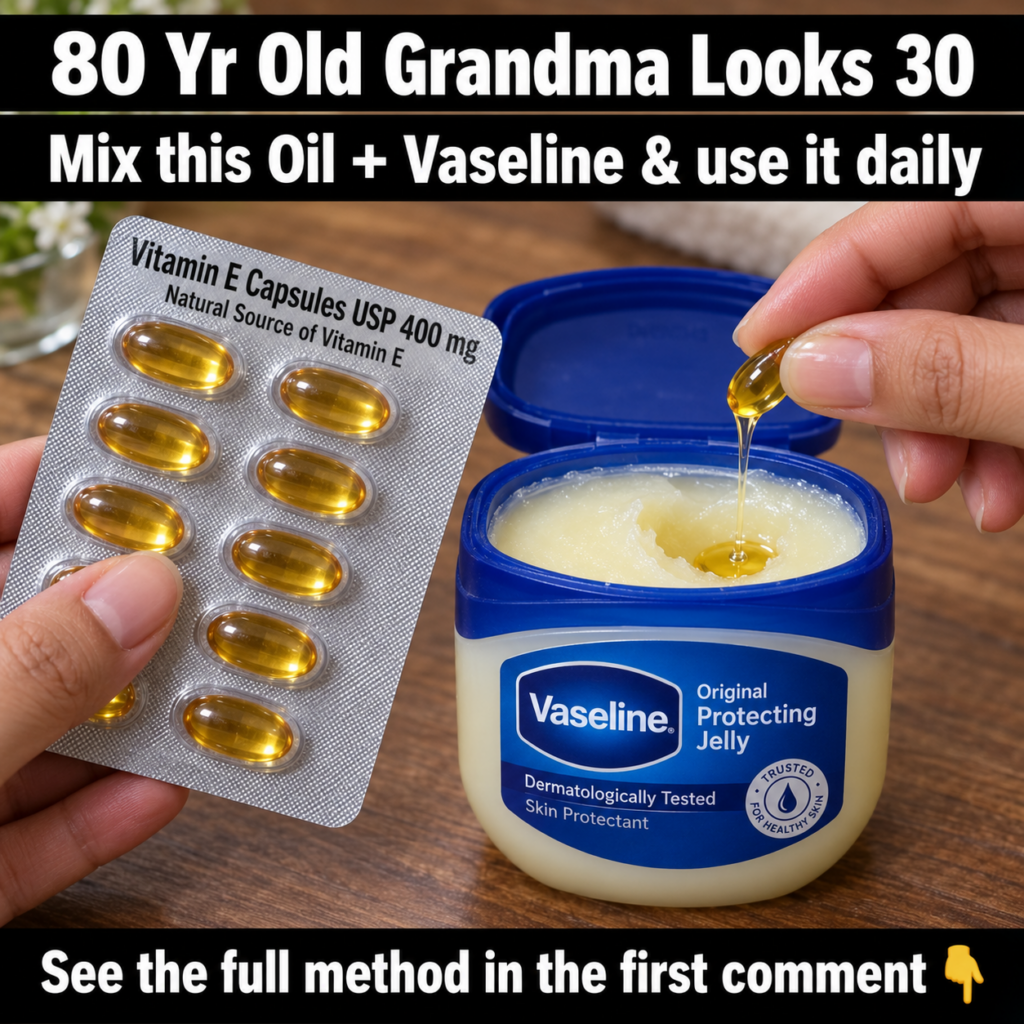 A close-up of a hand squeezing Vitamin E oil from a capsule into a jar of Vaseline