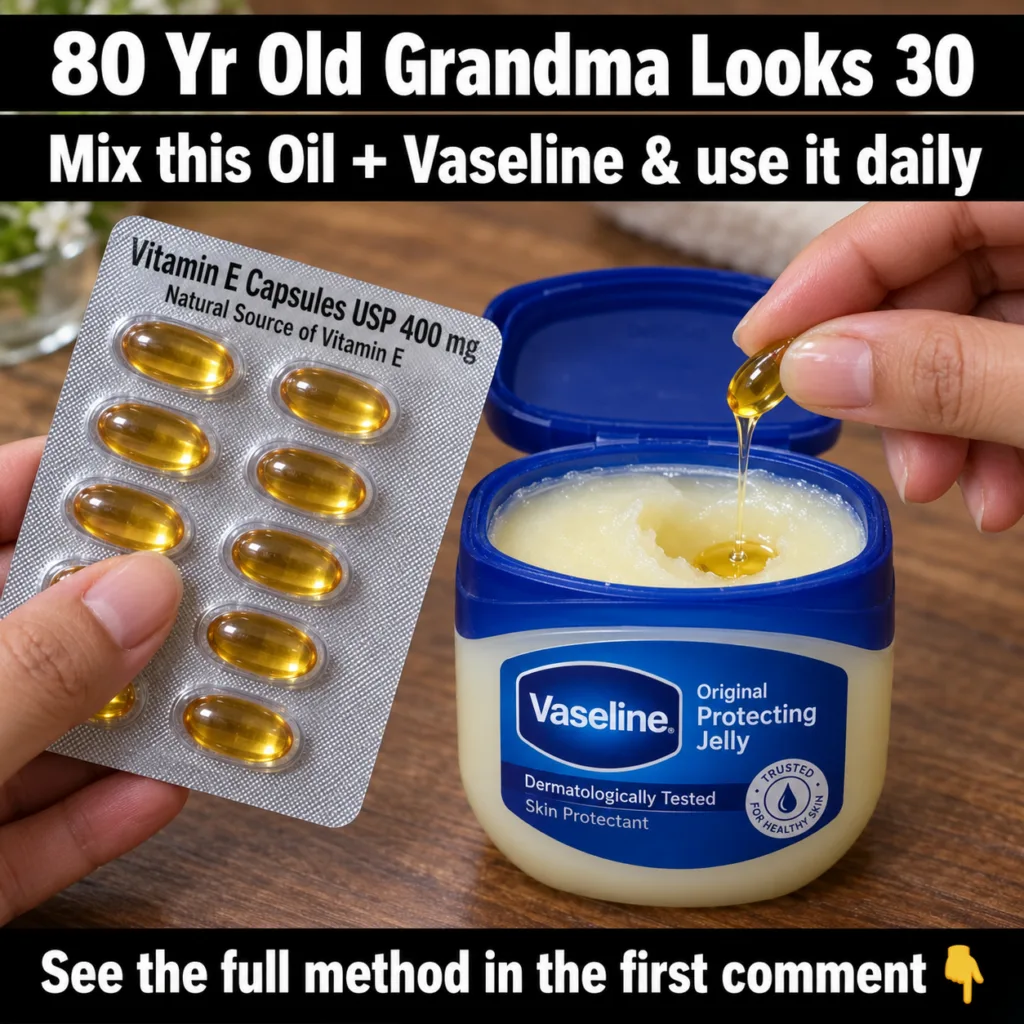 A close-up of a hand squeezing Vitamin E oil from a capsule into a jar of Vaseline