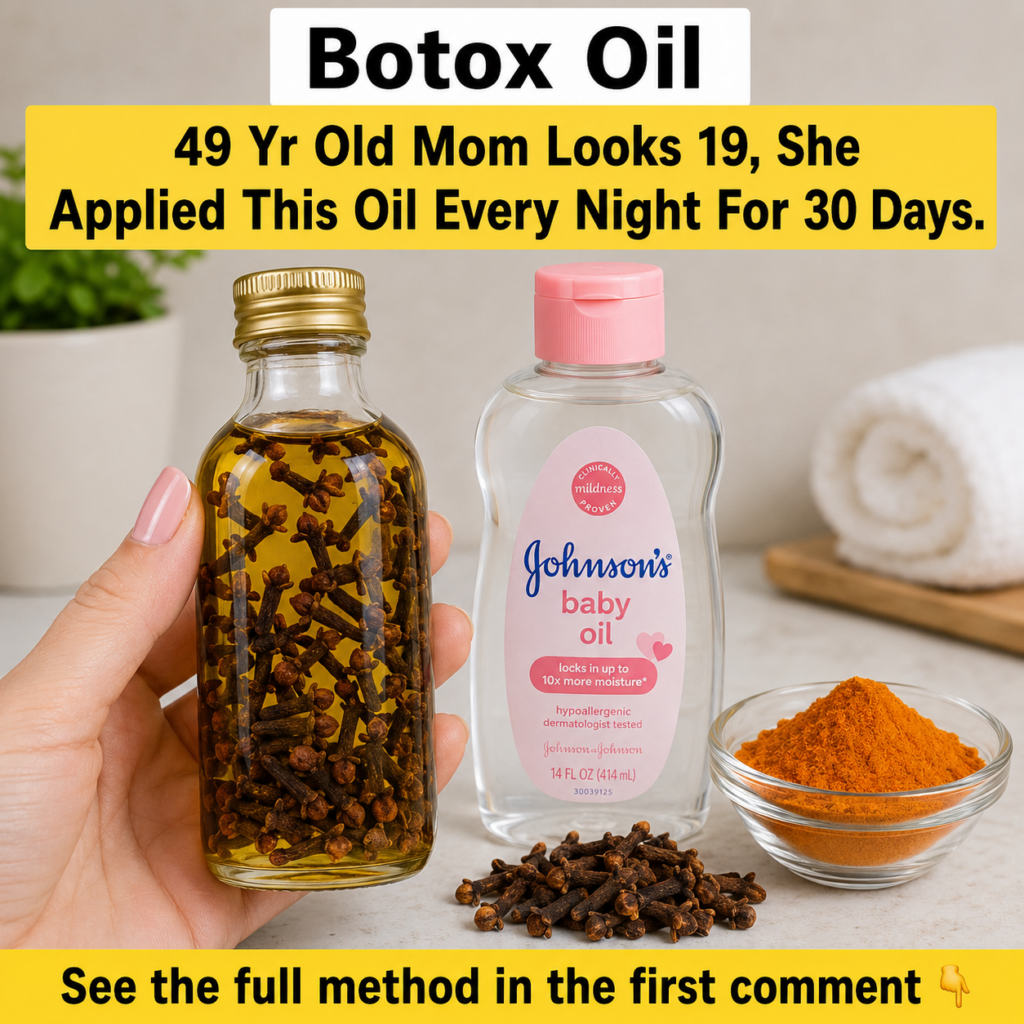 A close-up of ingredients for DIY Botox Oil featuring a small glass bottle with yellowish oil and cloves a clear bottle 