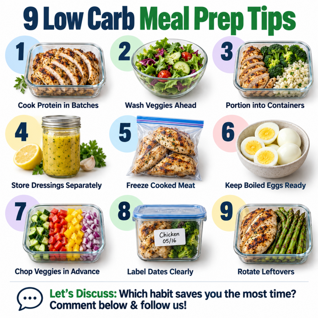 A vibrant array of low-carb meal prep containers neatly arranged showing various cooked proteins chopped vegetables caul