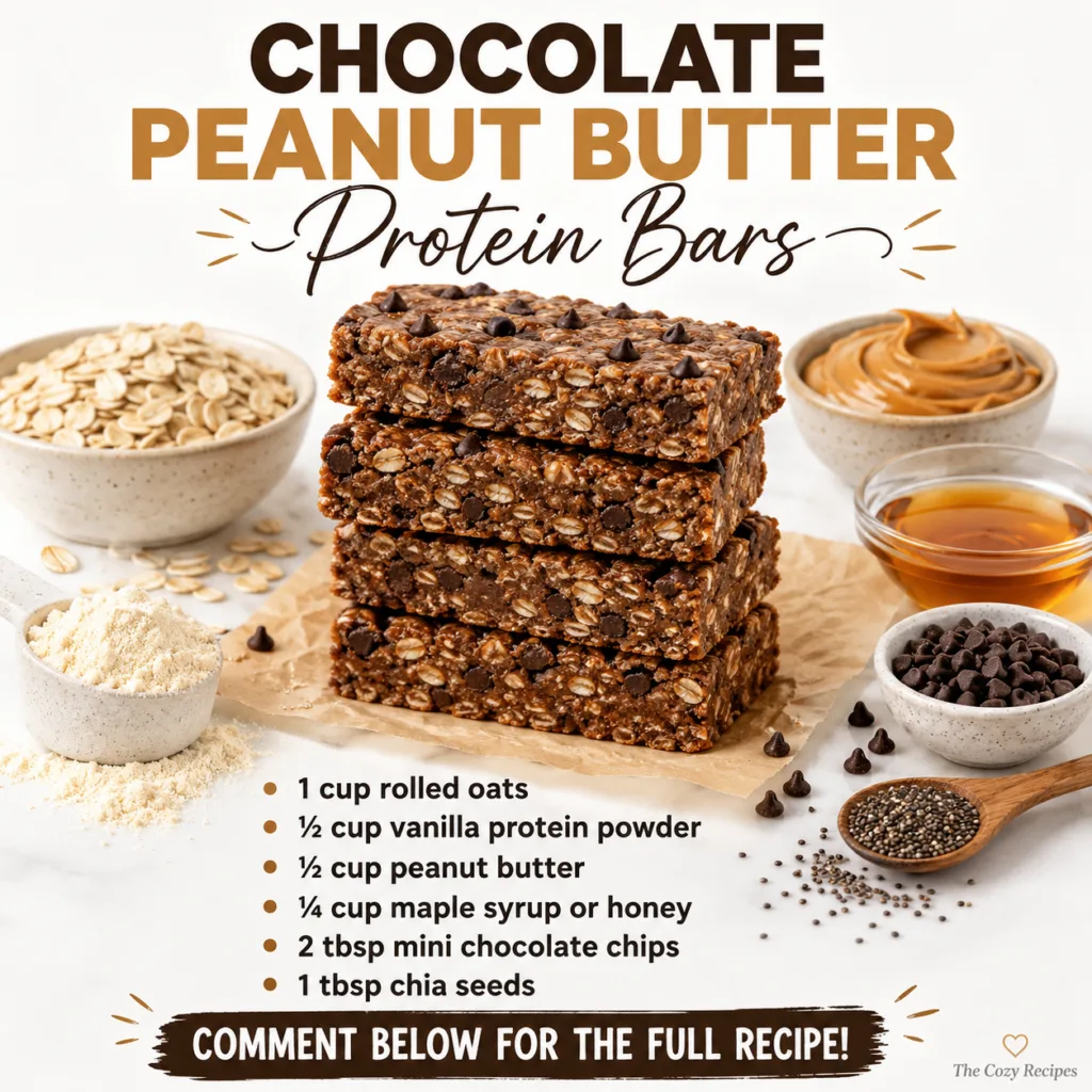 A stack of no-bake chocolate peanut butter protein bars with rolled oats mini chocolate chips and chia seeds on parchmen