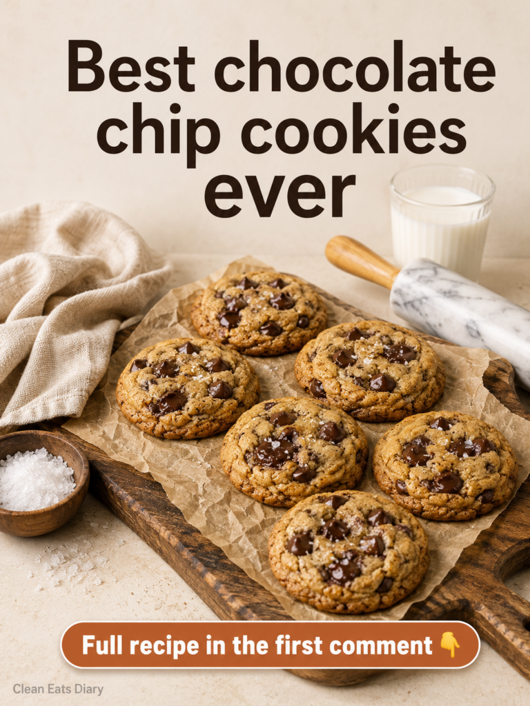 A close-up overhead shot of freshly baked chocolate chip cookies on crumpled parchment paper generously studded with dar