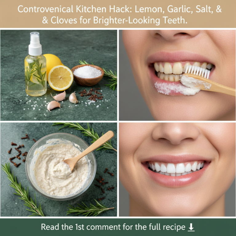 A collage showcasing the Controversial Kitchen Hack for teeth whitening featuring panels of ingredients like lemon garli