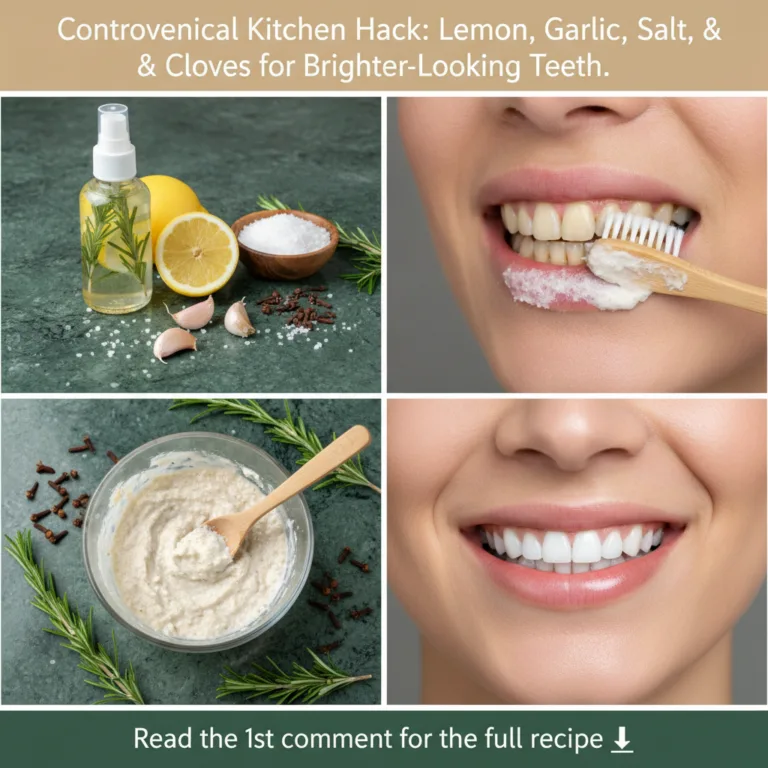 A collage showcasing the Controversial Kitchen Hack for teeth whitening featuring panels of ingredients like lemon garli