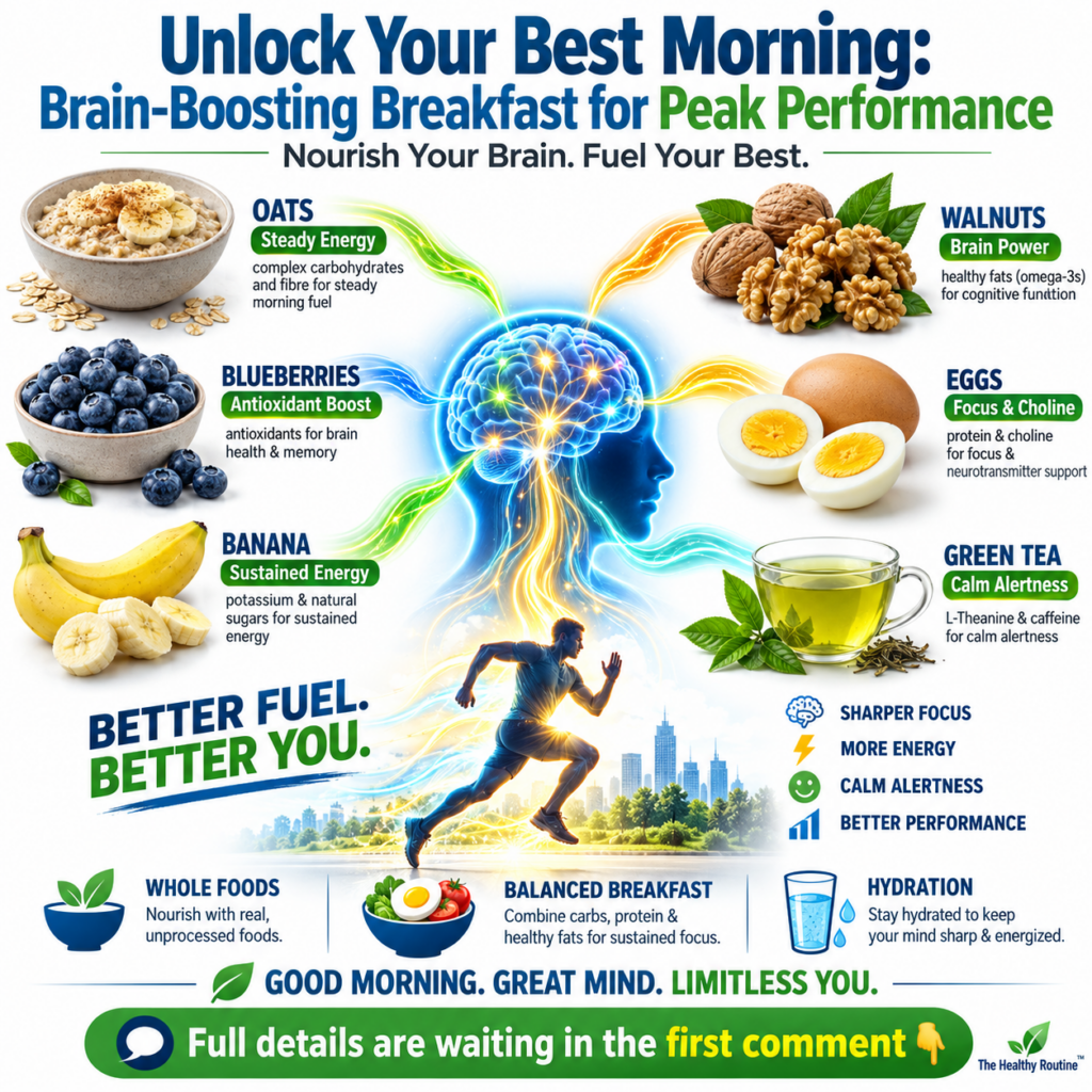 A vibrant infographic titled Brain-Boosting Breakfast for Peak Performance featuring a stylized human head with an illum