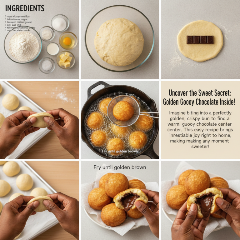 A 3x3 grid displaying a step-by-step visual guide for making golden buns with gooey chocolate inside Panels show ingredi