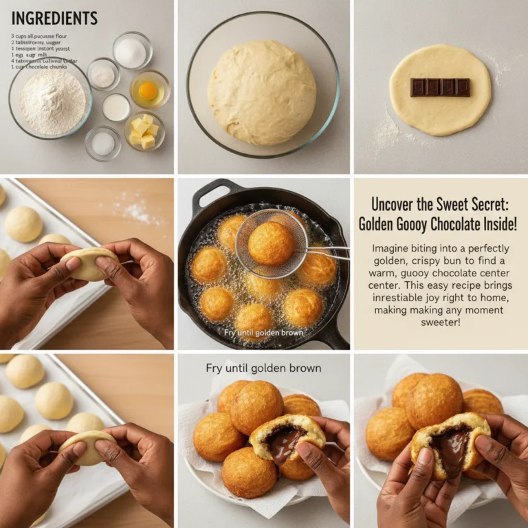 A 3x3 grid displaying a step-by-step visual guide for making golden buns with gooey chocolate inside Panels show ingredi