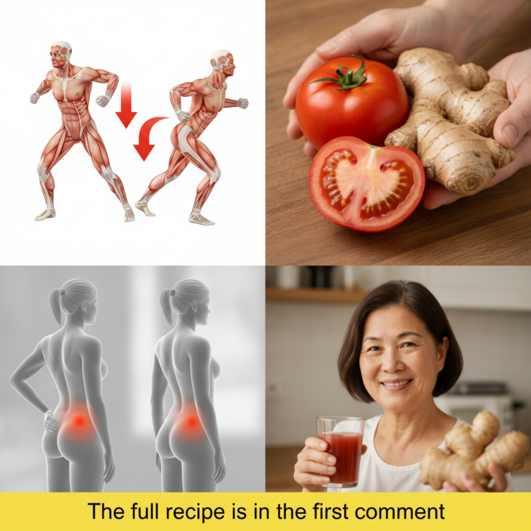 A four-panel grid showing the male muscular system hands holding ginger and tomato a female torso with pain points and a