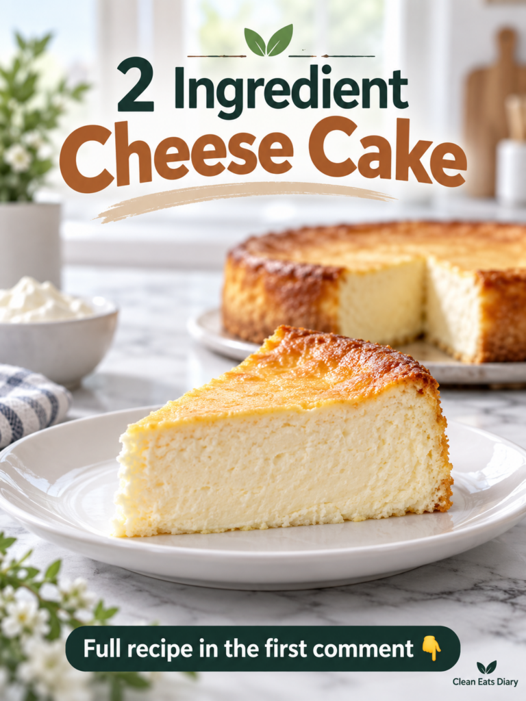 A perfectly baked slice of 2-ingredient cheesecake on a white plate with a full cheesecake slightly blurred in the backg
