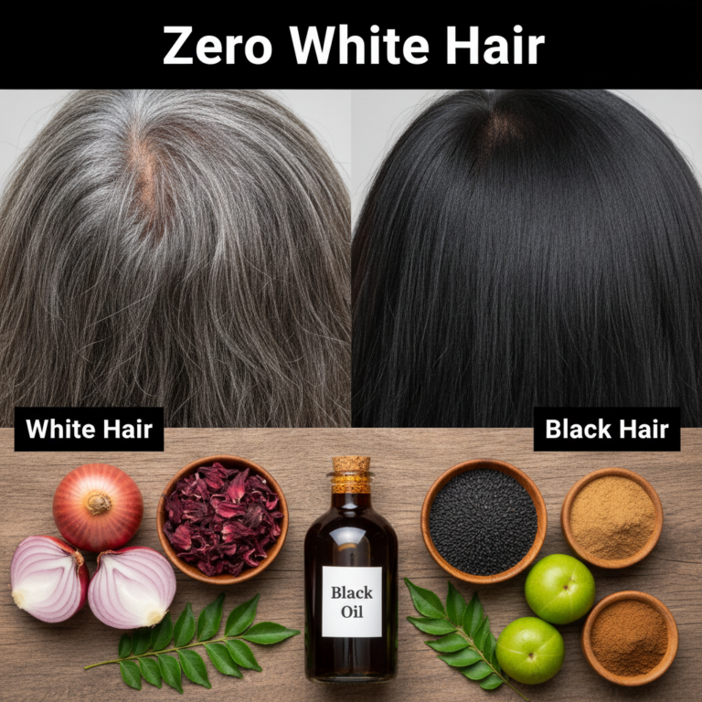 A striking before-and-after image showing a person s head with dense white grey hair on one side labeled White Hair and 