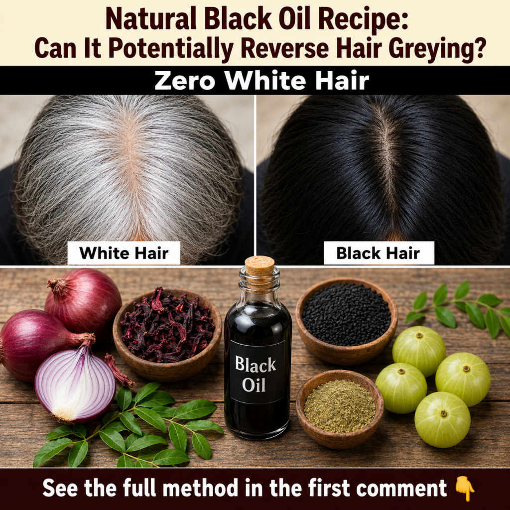A collage showing a before scalp with white hair and an after scalp with black hair alongside a flat lay of ingredients 