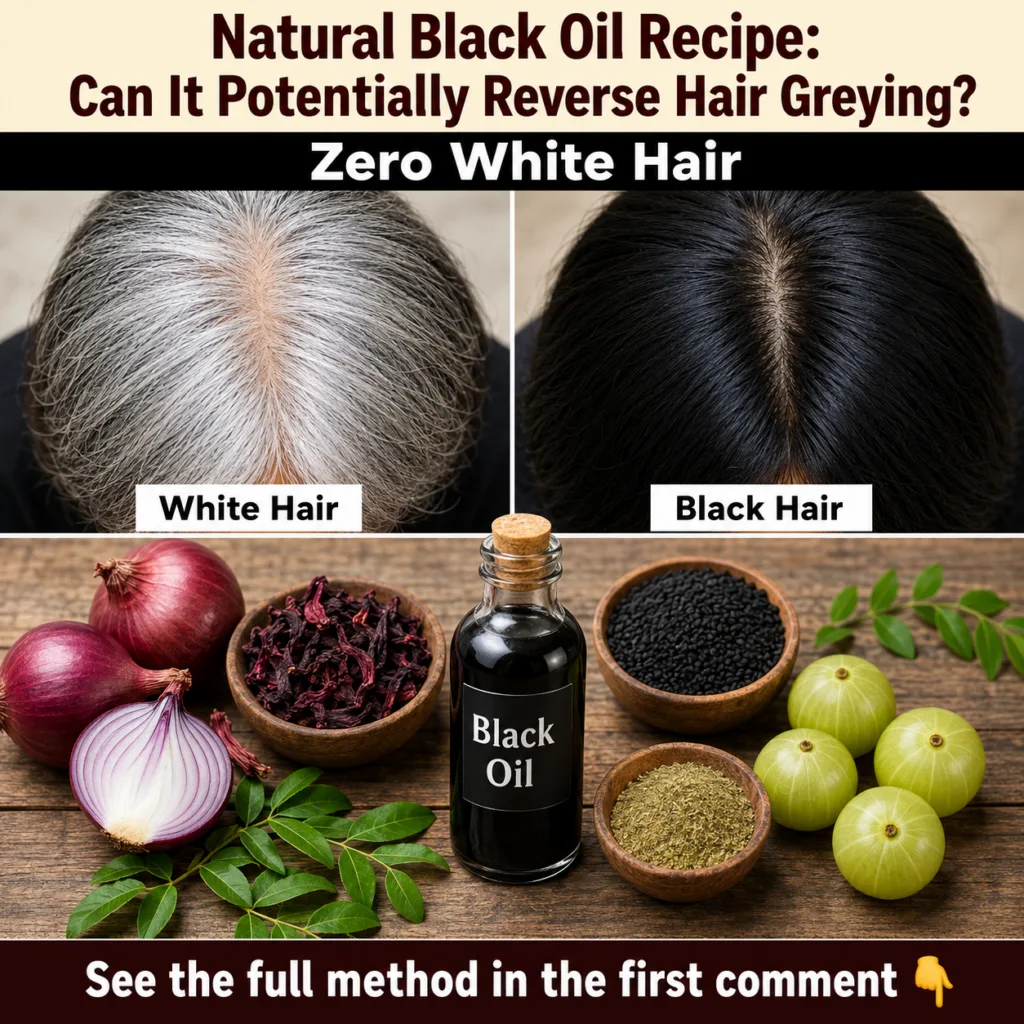 A collage showing a before scalp with white hair and an after scalp with black hair alongside a flat lay of ingredients 