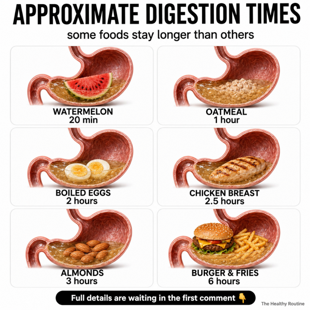 An infographic showing six panels each depicting a simplified human stomach containing a different food item watermelon 