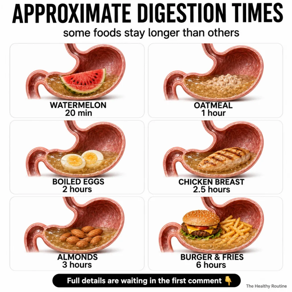 An infographic showing six panels each depicting a simplified human stomach containing a different food item watermelon 