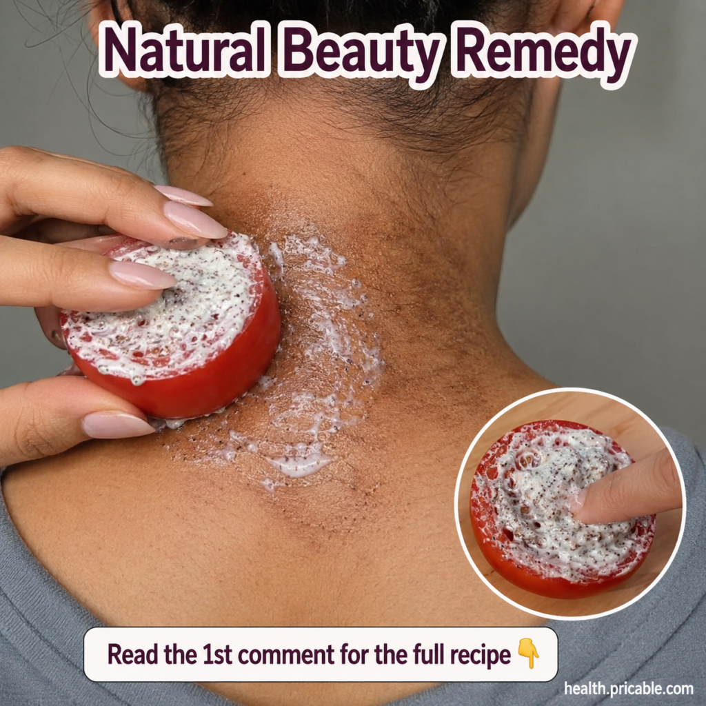 A hand applying a tomato half covered in a white scrub-like substance to a visibly darkened area on the back of a neck T