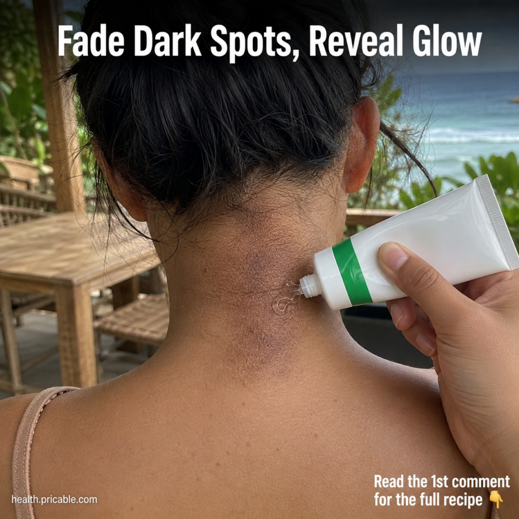 A hand applying a clear gel-like substance to dark spots on the back of a person s neck with a subtle tropical backgroun