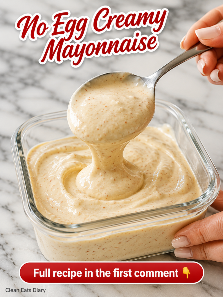 A close-up shot of creamy light beige no-egg mayonnaise in a clear glass rectangular dish with a silver spoon lifting a