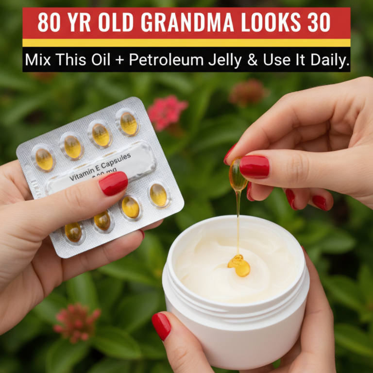 Hands mixing Vitamin E oil from capsules into petroleum jelly in a small white jar One hand holds the blister pack the o
