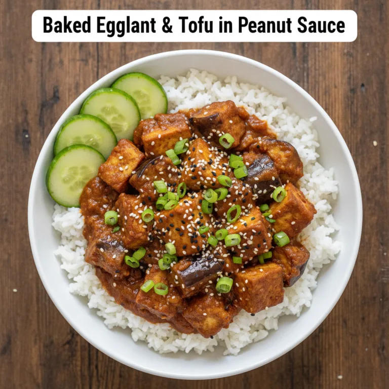 An overhead shot of Baked Eggplant Tofu in Peanut Sauce served over white rice on a rustic wooden surface garnished with