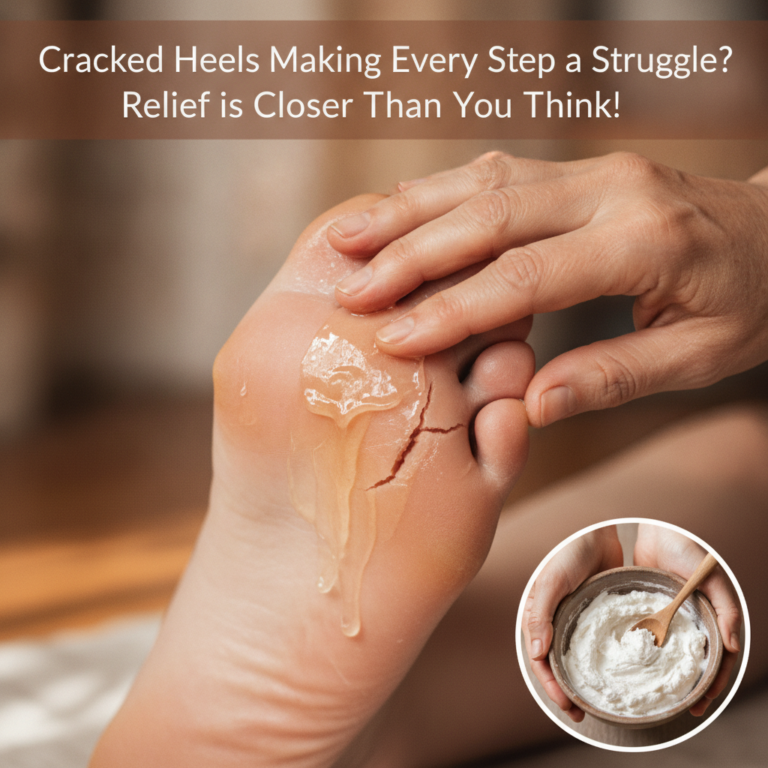 A close-up shot of a person s heel with a visible crack while a hand gently applies a natural yellowish viscous liquid o