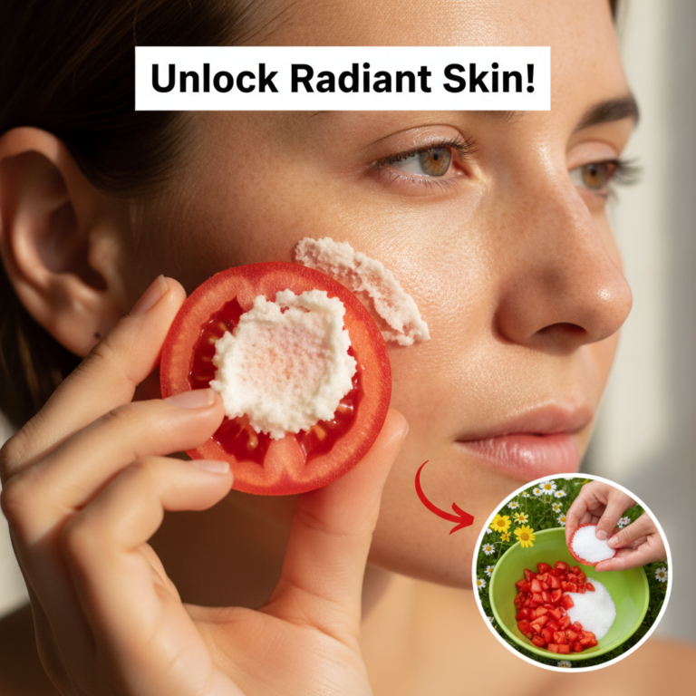 A woman gently applying a DIY tomato and sugar scrub to her cheek her skin looking fresh and healthy In the bottom right