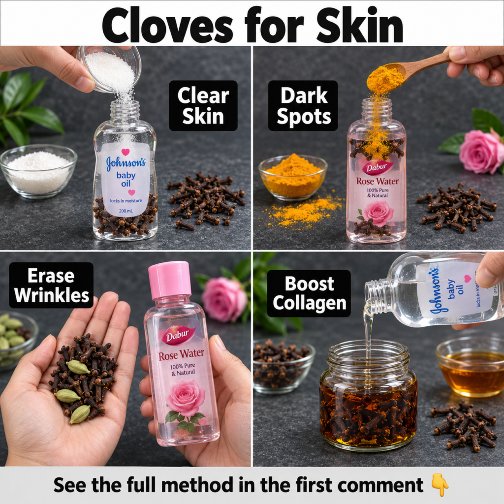 A four-panel instructional collage showcasing DIY skincare routines using cloves for different benefits like clear skin 