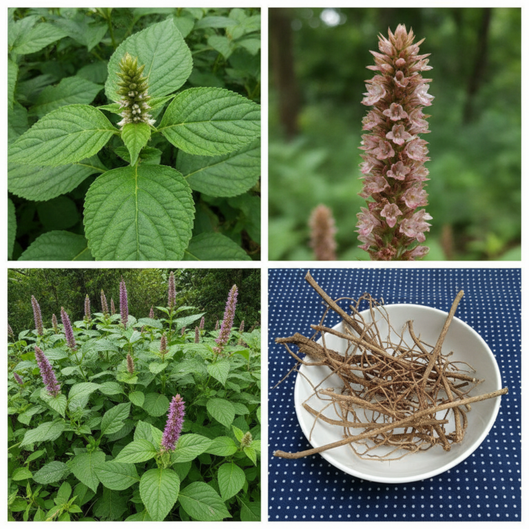 A four-panel collage depicting the Prickly Chaff Root Achyranthes aspera plant Top-left close-up of green leaves and flo