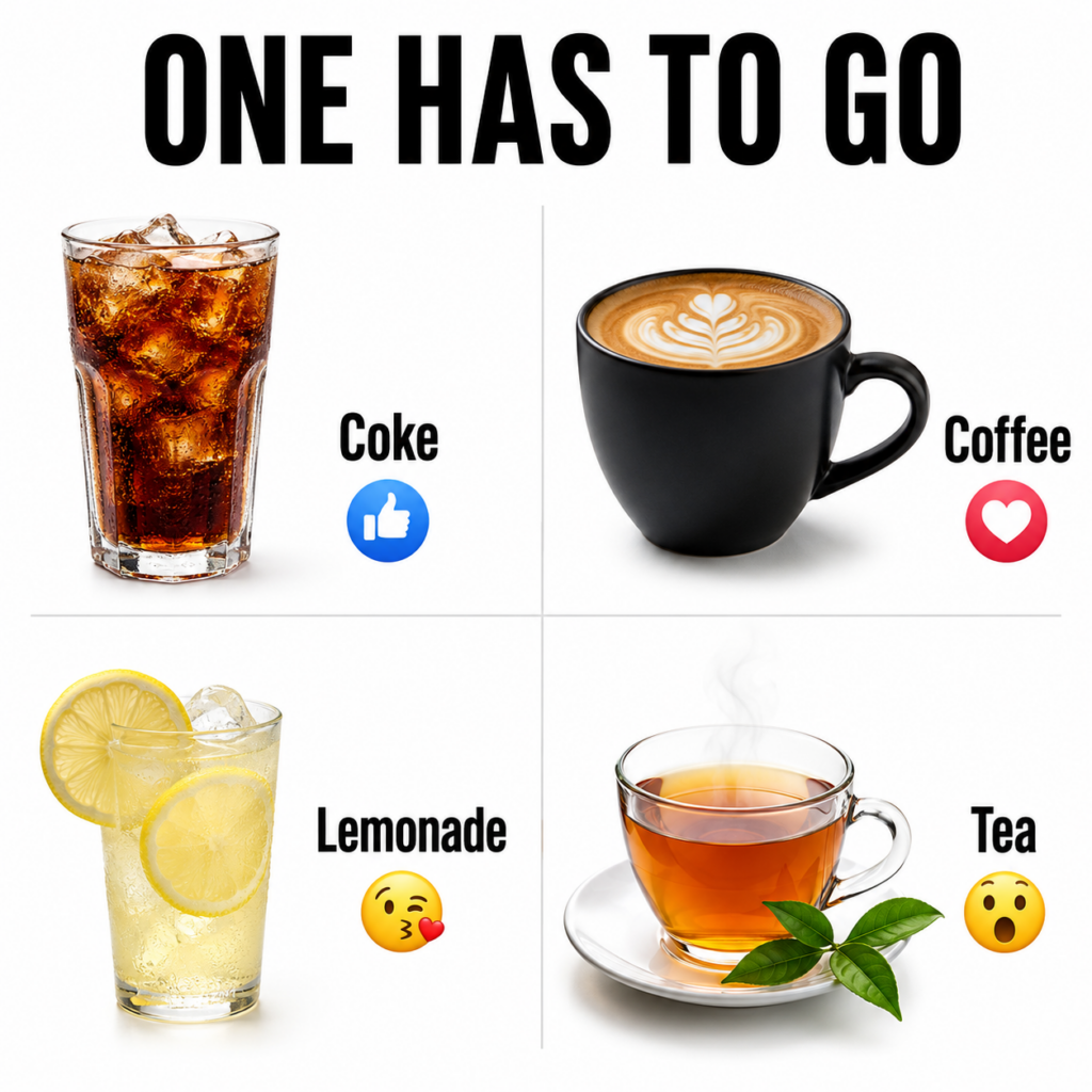A grid displaying four popular drinks Coke Coffee Lemonade and Tea Each drink is shown in a glass or mug against a white