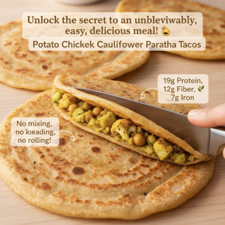 A close-up view of an Indian-inspired paratha taco being filled with a vibrant potato chickpea and cauliflower mixture w