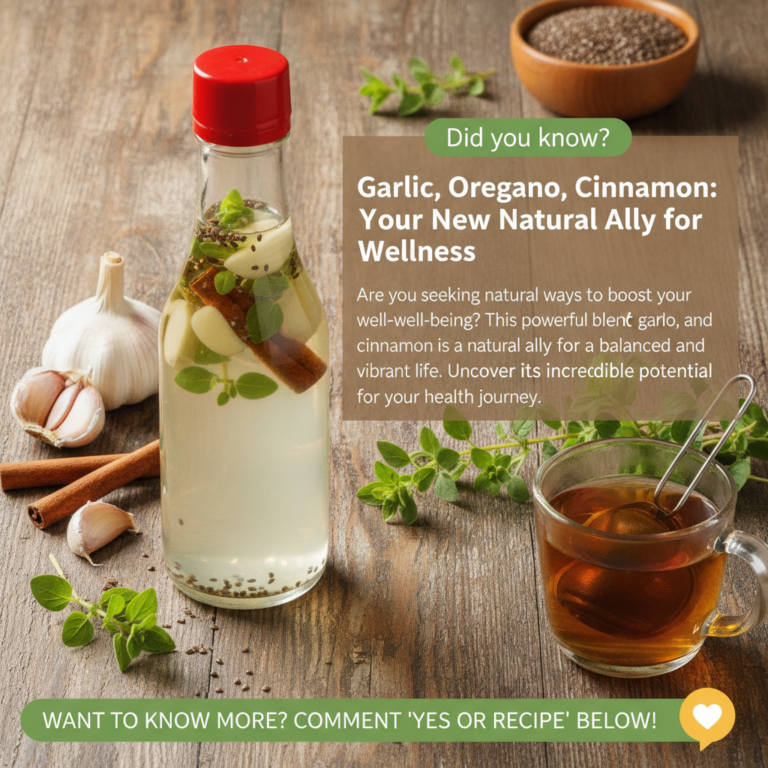 A rustic arrangement of fresh garlic cloves vibrant green oregano sprigs and cinnamon sticks with a glass bottle showing