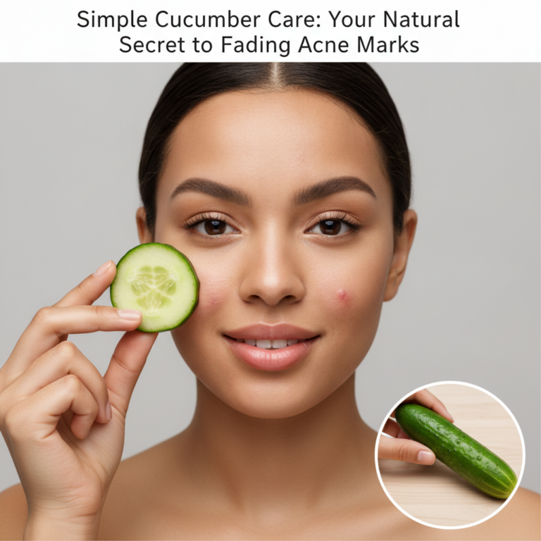 A smiling young woman holding a fresh cucumber slice to her cheek highlighting subtle red acne marks with a neutral ligh