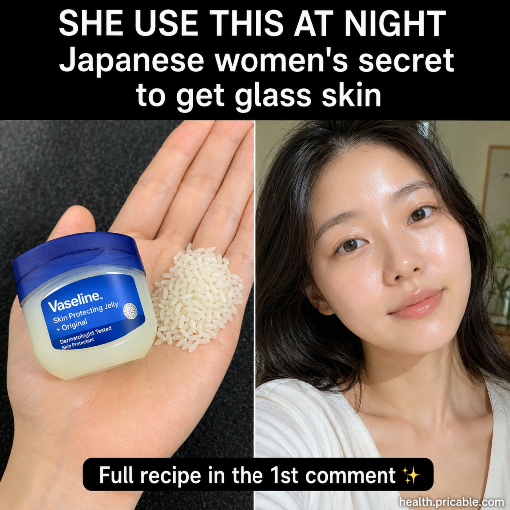 A hand holding a jar of Vaseline and a handful of white rice grains next to a close-up of a woman with radiant dewy glas