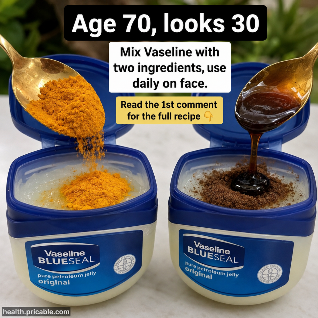 A close-up shot of two open jars of Vaseline with a golden spoon adding yellow turmeric powder to one jar and dark cocoa