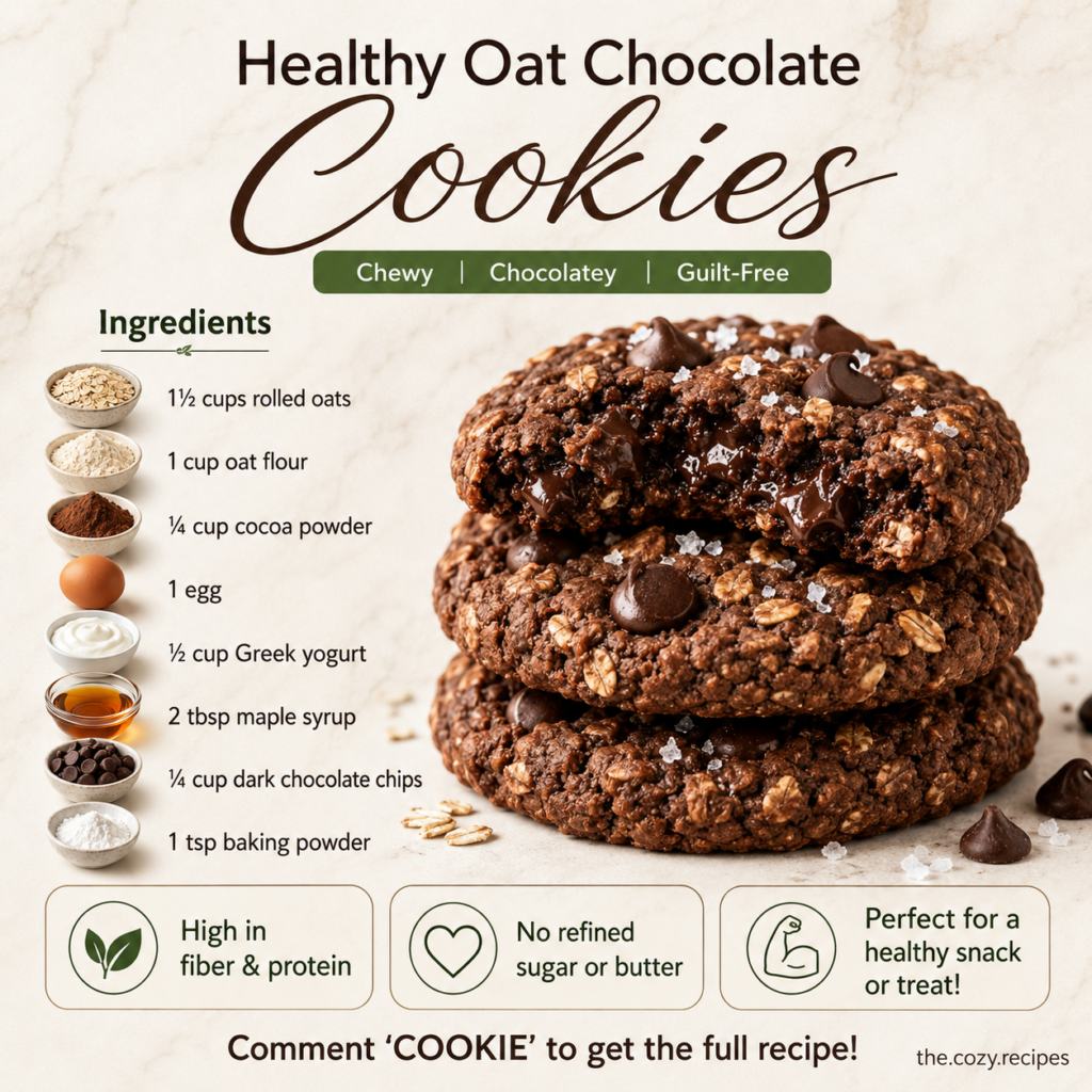 A stack of three healthy oat chocolate cookies generously studded with dark chocolate chips and a sprinkle of sea salt f