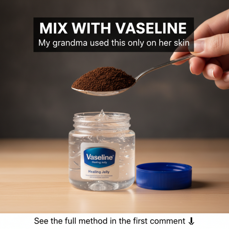 A hand holding a spoon with coffee grounds poised over an open jar of Vaseline with a blue cap nearby on a light wooden