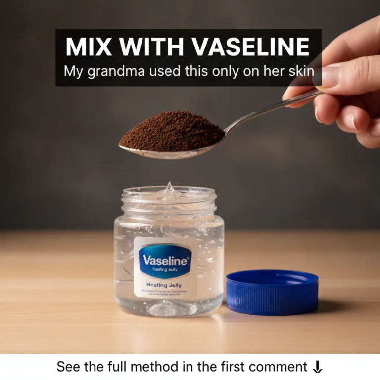 A hand holding a spoon with coffee grounds poised over an open jar of Vaseline with a blue cap nearby on a light wooden