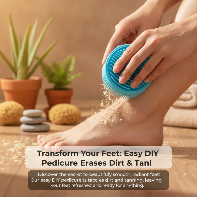 A close-up of a person s lower leg and foot being exfoliated with a bright blue silicone scrubbing brush with fine parti