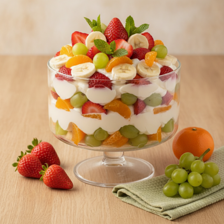 A vibrantly layered fruit trifle in a clear glass footed bowl showing distinct layers of creamy white elements alternati