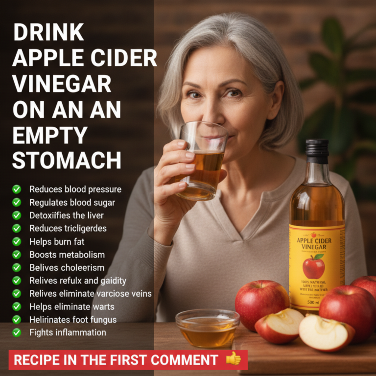 A senior woman with a gentle smile holding a glass of diluted apple cider vinegar with fresh apples and an ACV bottle on