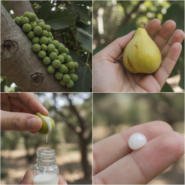 A four-panel collage illustrating the extraction and appearance of fig latex Top-left unripe green figs on a branch Top-
