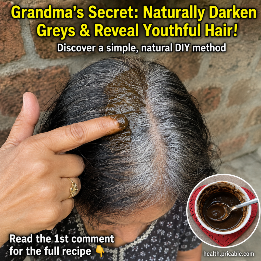 A hand applying a thick dark brown paste to the grey roots of hair on a woman s head with a rustic background