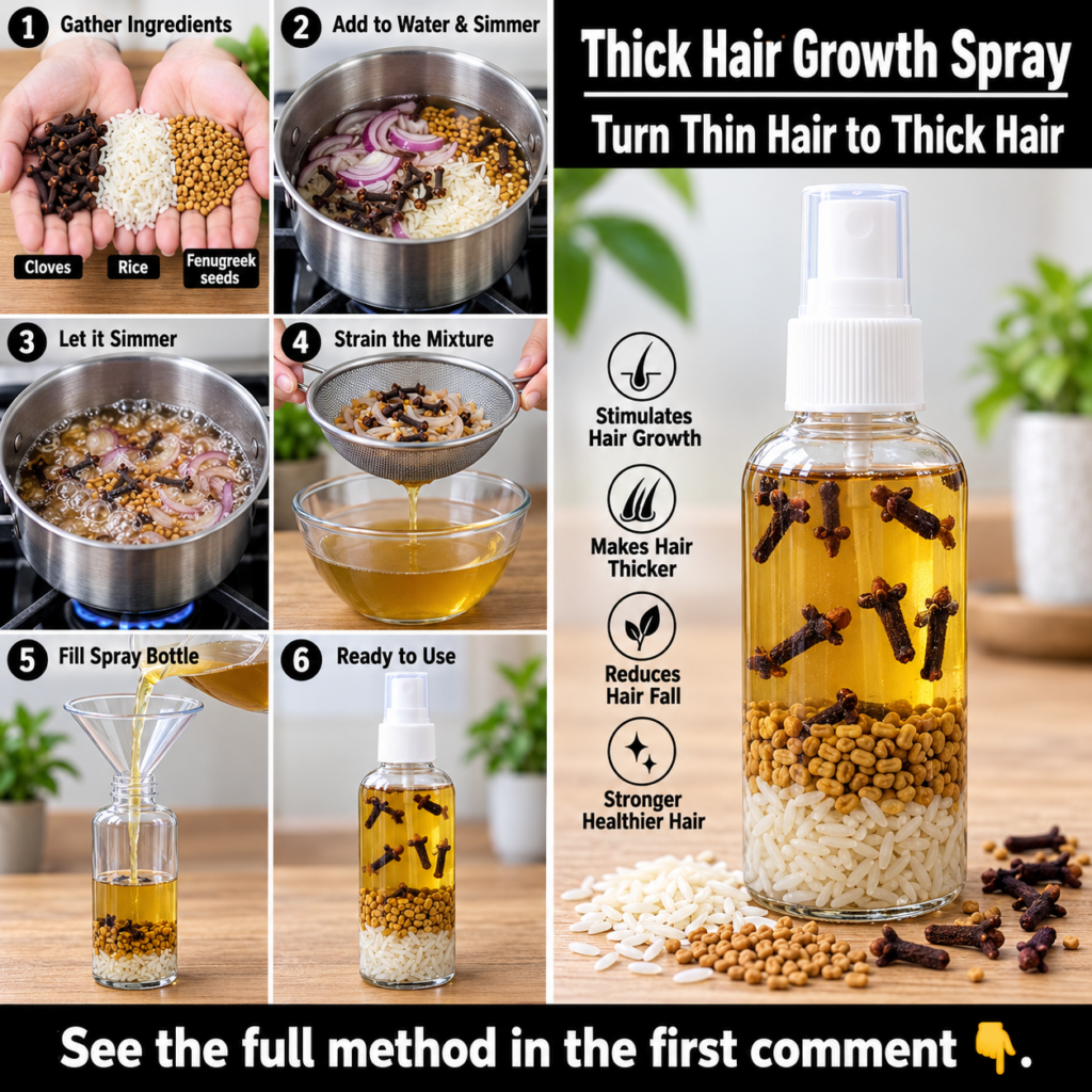 A multi-panel grid tutorial for a Thick Hair Growth Spray with a hero shot of the final product and its benefits Key ing