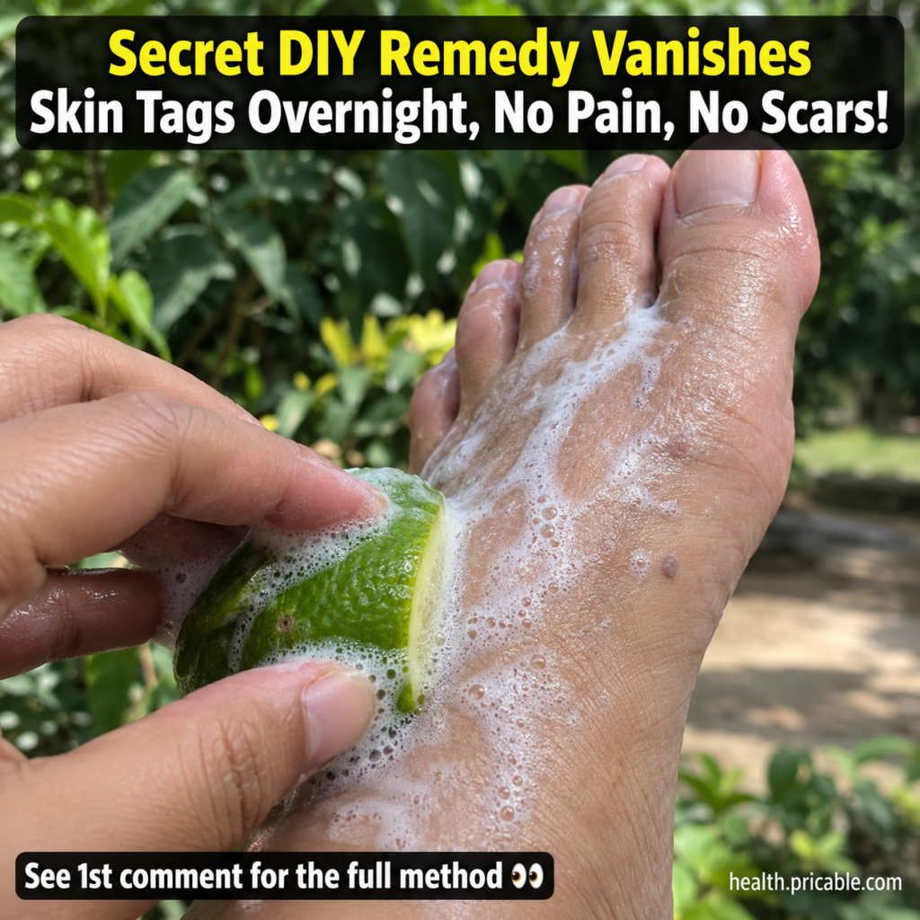 A hand gently rubbing a cut lime directly onto a skin tag on the top of a foot creating a light foam The background is s
