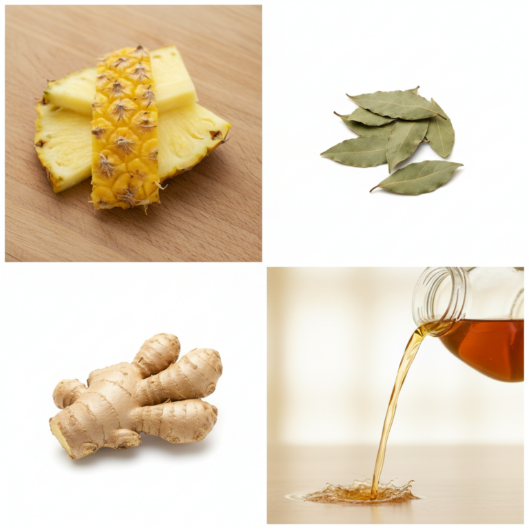 A four-panel grid showing pineapple slices dried bay leaves ginger root and amber tea being poured representing the ingr